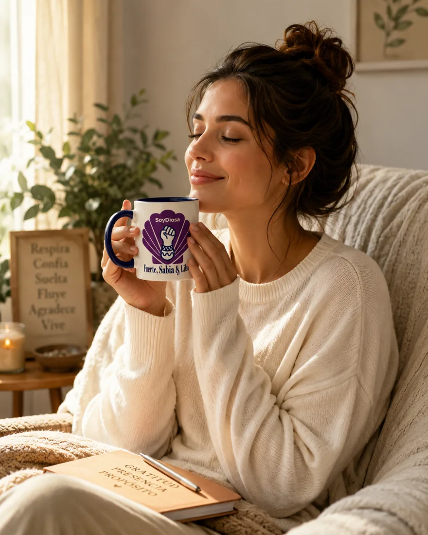 Mujer disfrutando de un momento tranquilo con su taza SoyDiosa